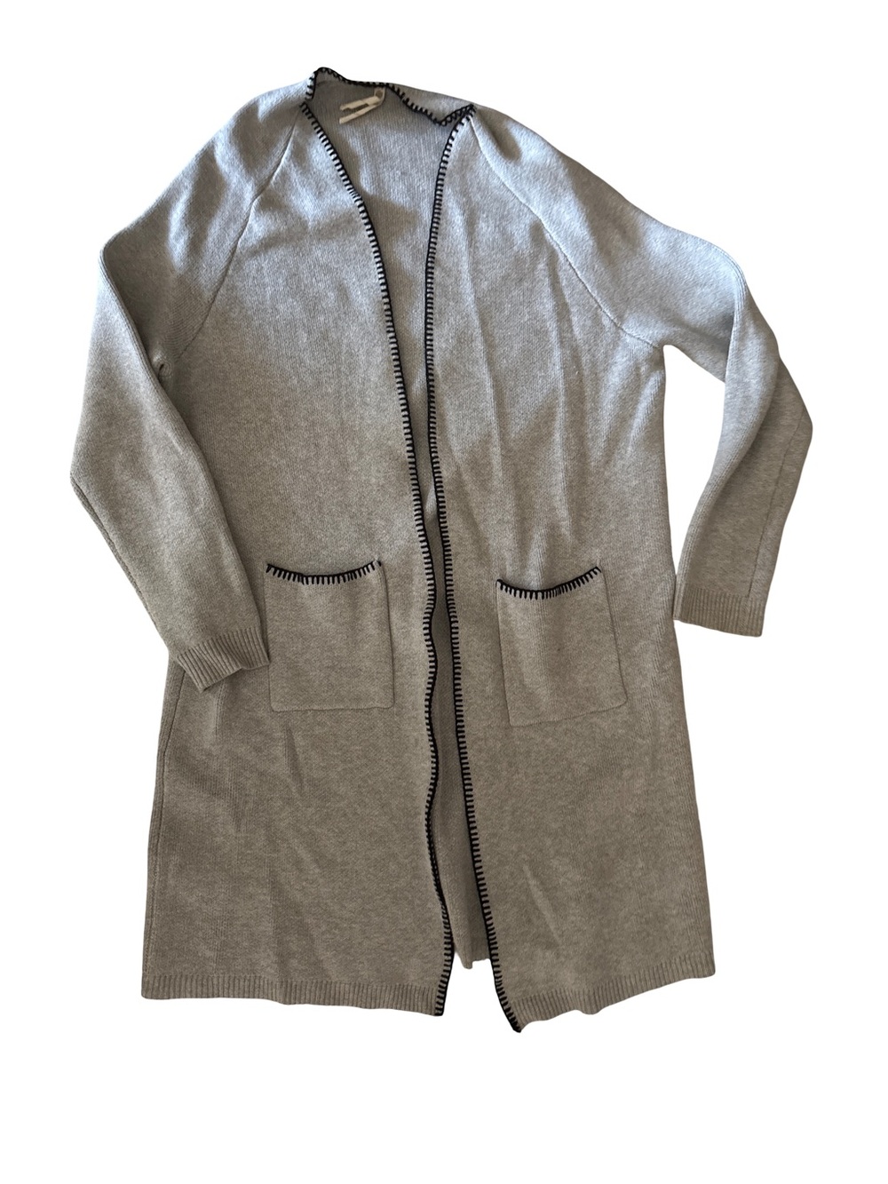 Long Open-Front Light Gray Knit Cardigan with Contrast Trim